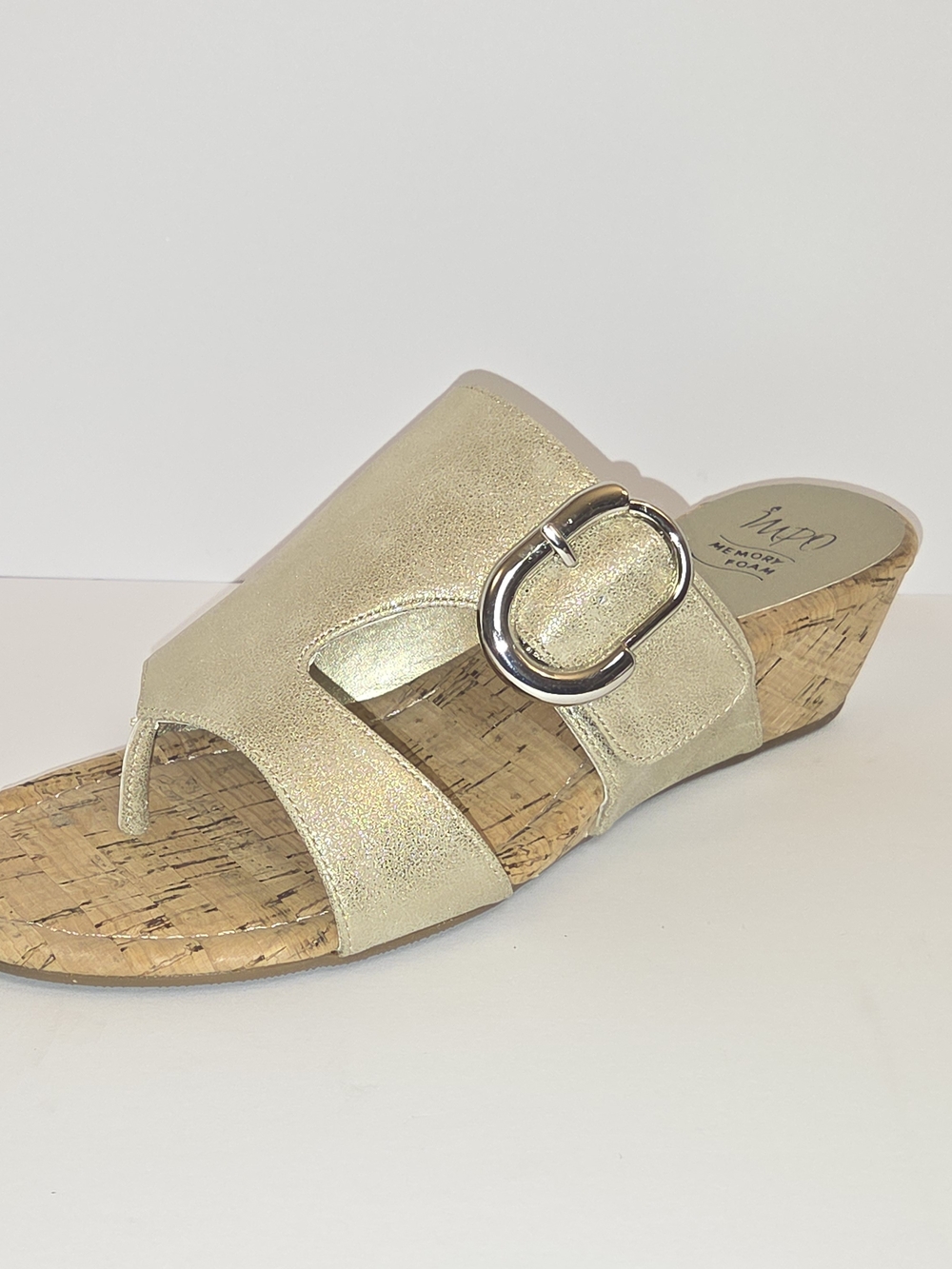 Impo Platino Giselle Metallic Gold Cork Wedge Slide with Silver Buckle